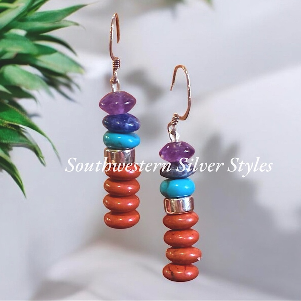 NEW Southwestern Turquoise Desert Jasper Heishi Discs Sterling Silver Earrings